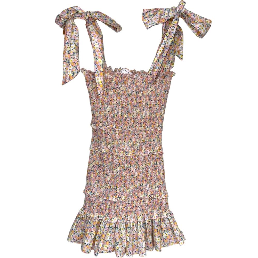 MABLE Pink Floral Smocked Bow Strap Ruffle Mini Dress Size Small